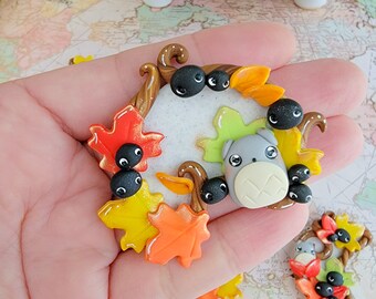 OOAK Kawaii Totoro Fall Wreath, Brooch, Ornament Polymer Clay Charm, Polymer Clay Pendant, Autumn, polymer clay, Kawaii, Clay Charm