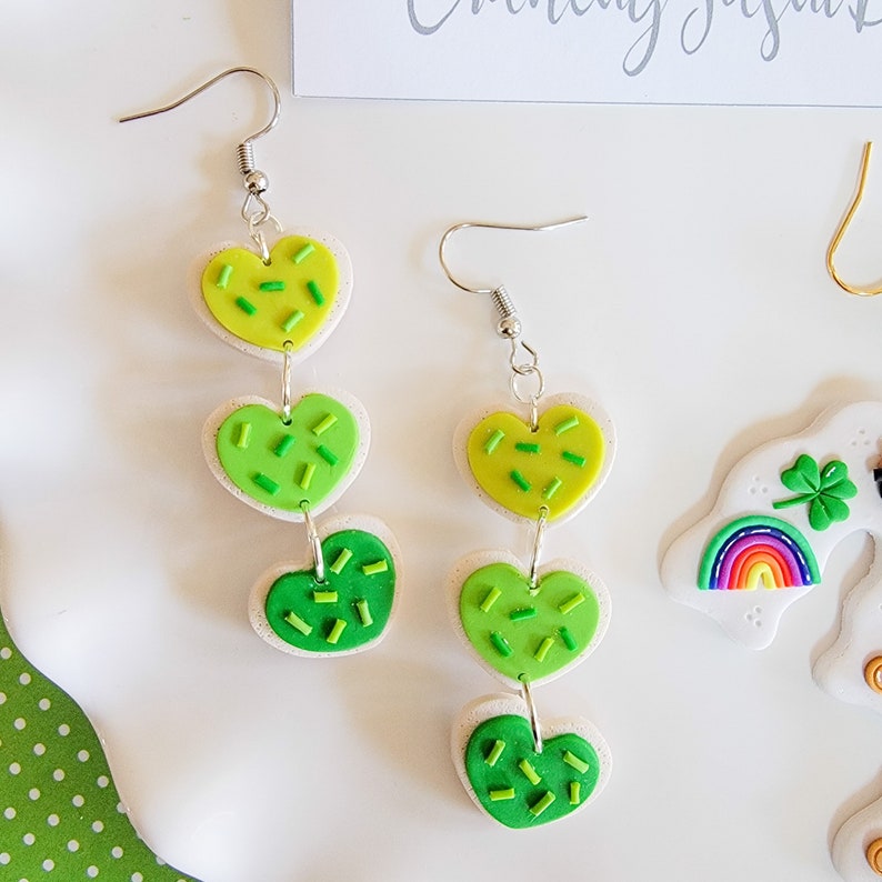 St Patrick Day Cookie Earrings, St Patricks Earrings, Polymer Clay Earrings, Clover Earrings, Green, Gift Idea, Shamrock, St Patricks image 3