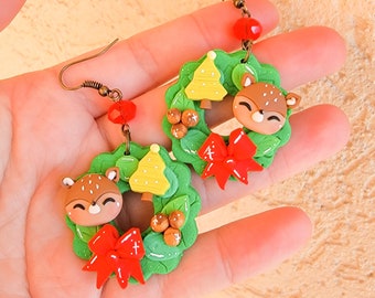 Deer Wreath Earrings, Cute Christmas Earrings, Polymer Clay Earrings, Fawn, Winter Wonderland, Kawaii, Earrings, Holiday, Gift Idea