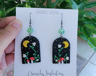 Clay Fall Mushroom Earrings, Autumn Earrings, Night Earrings, Polymer Clay Earrings, Polymer Clay, Cottage Core, Charm Earrings, Mushrooms