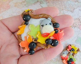 OOAK Kawaii Totoro Fall Wreath, Brooch, Ornament Polymer Clay Charm, Polymer Clay Pendant, Autumn, polymer clay, Kawaii, Clay Charm