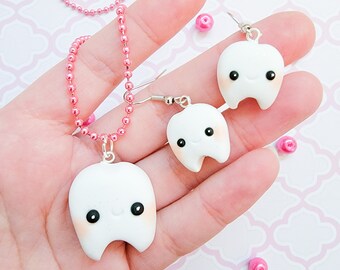 Tooth Necklace and Earring Set, Dentist Gift, Polymer Clay Pendant, Necklace, polymer clay, dental, Kawaii, tooth fairy, charm