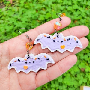 OOAK Sugar Cookie Bat Halloween Earrings, Earrings, Polymer Clay Charm, Polymer Clay, Halloween, polymer clay, Kawaii, Charm Earrings