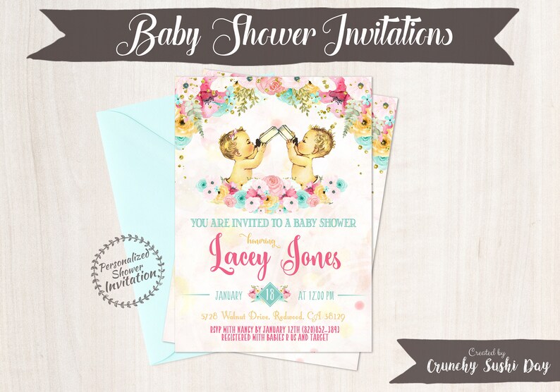 Vintage Twins Baby Shower Personalised Invitations