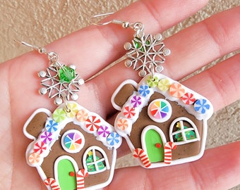 Gingerbread House Earrings, Cute Christmas Earrings, Polymer Clay Earrings, Candyland, Winter, Kawaii, Rainbow Earrings, Holiday, Gift Idea