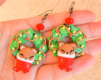Fox Wreath Earrings, Cute Christmas Earrings, Polymer Clay Earrings, Fox, Winter Wonderland, Kawaii, Earrings, Holiday, Gift Idea