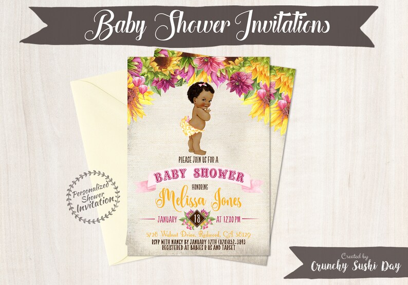 Sunflower Baby Shower Invitations African American Vintage Etsy
