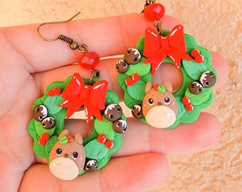 Totoro Wreath Earrings, Cute Christmas Earrings, Polymer Clay Earrings, Totoro, Winter Wonderland, Kawaii, Earrings, Holiday, Gift Idea