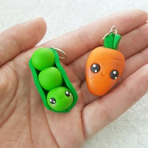 BFF Necklace Charms, Peas and Carrots Charm, Carrots, Peas, Polymer Clay Pendant, BFF, polymer clay, clay pendant, Kawaii, Chibi, Clay Charm