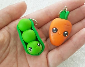 BFF Necklace Charms, Peas and Carrots Charm, Carrots, Peas, Polymer Clay Pendant, BFF, polymer clay, clay pendant, Kawaii, Chibi, Clay Charm