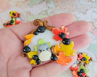 OOAK Kawaii Totoro Fall Wreath, Brooch, Ornament Polymer Clay Charm, Polymer Clay Pendant, Autumn, polymer clay, Kawaii, Clay Charm