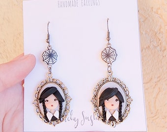 OOAK Wednesday Addams Earrings, Fanart, Earrings, Polymer Clay Earrings, Polymer Clay, polymer clay, Kawaii, Charm Earrings