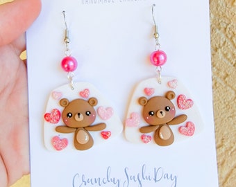 Valentines Bear Earrings, Teddy Bear Earrings, Polymer Clay Earrings, Heart, Valentines Day Earrings, Love, Gift Idea, Heart, Sweetheart