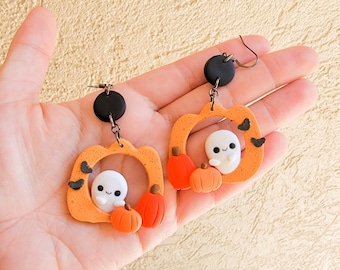 Pumpkin Ghost Halloween Earrings, Cute Earrings, Polymer Clay Earrings, Polymer Clay, Halloween, Kawaii, Charm Earrings