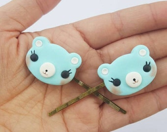 Kawaii Bear Hair Clip Set,  Accessory, Polymer Clay Charm, Polymer Clay, Sweet Lolita, Fairy Kei, Kawaii, Chibi, Clay Charm