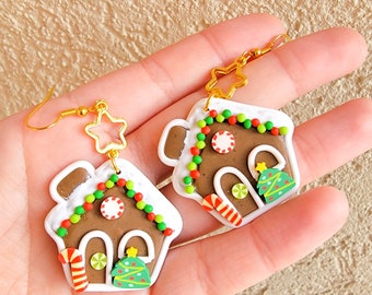 Gingerbread House Earrings, Cute Christmas Earrings, Polymer Clay Earrings, Polymer Clay, Winter, Kawaii, Charm Earrings, Holiday, Gift Idea