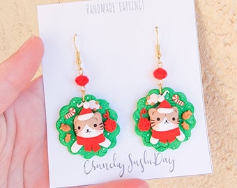 Kitty Cat Wreath Earrings, Cute Christmas Earrings, Polymer Clay Earrings, Kitten, Winter Wonderland, Kawaii, Earrings, Holiday, Gift Idea