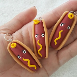 Hot Dog Charm, Junk Food Polymer Clay Pendant, Food, Miniature Food Charm, Food Charm, polymer clay, clay pendant, Kawaii, Chibi, Clay Charm