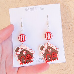 Peppermint Gingerbread House Earrings, Cute Christmas Earrings, Polymer Clay Earrings, Candyland, Winter, Candy Cane, Holiday, Gift Idea