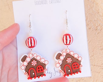 Peppermint Gingerbread House Earrings, Cute Christmas Earrings, Polymer Clay Earrings, Candyland, Winter, Candy Cane, Holiday, Gift Idea