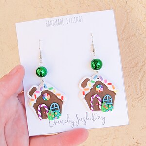 Gingerbread House Earrings, Cute Christmas Earrings, Polymer Clay Earrings, Candyland, Winter, Kawaii, Rainbow Earrings, Holiday, Gift Idea