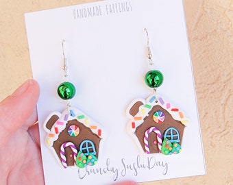 Gingerbread House Earrings, Cute Christmas Earrings, Polymer Clay Earrings, Candyland, Winter, Kawaii, Rainbow Earrings, Holiday, Gift Idea