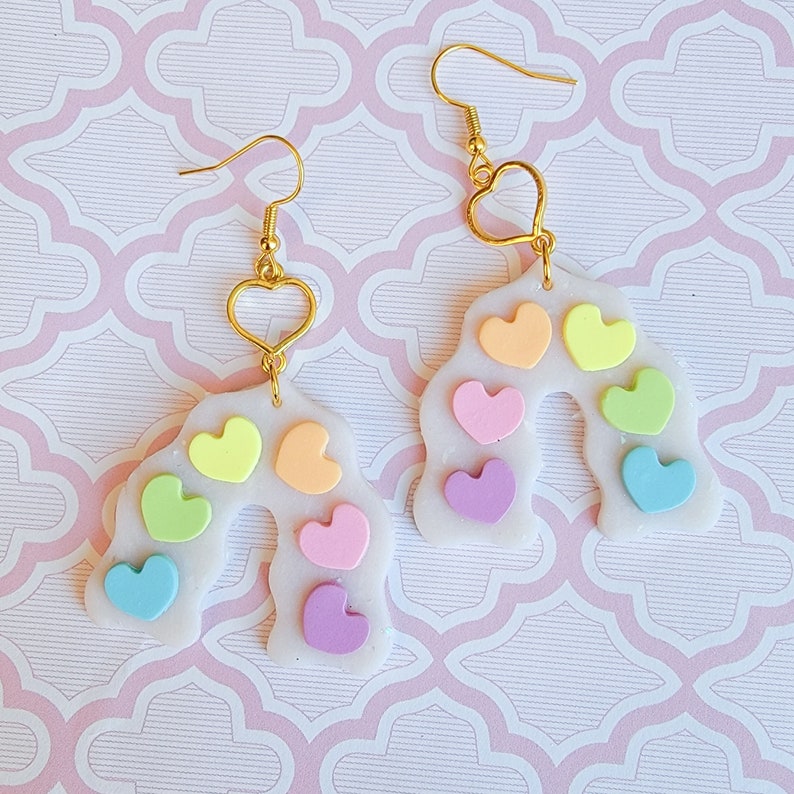 Pastel Rainbow Earrings, Rainbow Earrings, Polymer Clay Earrings, Heart, Valentines Day Earrings, Love, Gift Idea, Heart, Love Earrings image 2