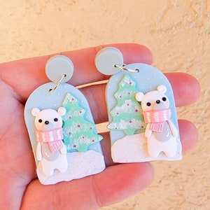 Winter Polar Bear Earrings, Cute Christmas Earrings, Polymer Clay Earrings, Dangle, Winter Wonderland, Kawaii, Earrings, Holiday, Gift Idea