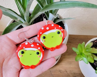 Mushroom Frog Earrings, Cute Frog Earrings, Polymer Clay Earrings, Clay Earrings, Frog Jewelry, Frog Lover, Frog Earrings