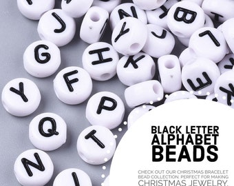 100pcs 7mm White and Black Alphabet Beads, Alphabet Beads, Black Letter Beads, Bracelet Beads, Word Beads, Christmas Beads, Letter Beads