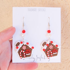 Peppermint Gingerbread House Earrings, Cute Christmas Earrings, Polymer Clay Earrings, Candyland, Winter, Candy Cane, Holiday, Gift Idea