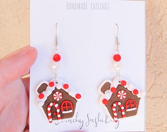 Peppermint Gingerbread House Earrings, Cute Christmas Earrings, Polymer Clay Earrings, Candyland, Winter, Candy Cane, Holiday, Gift Idea