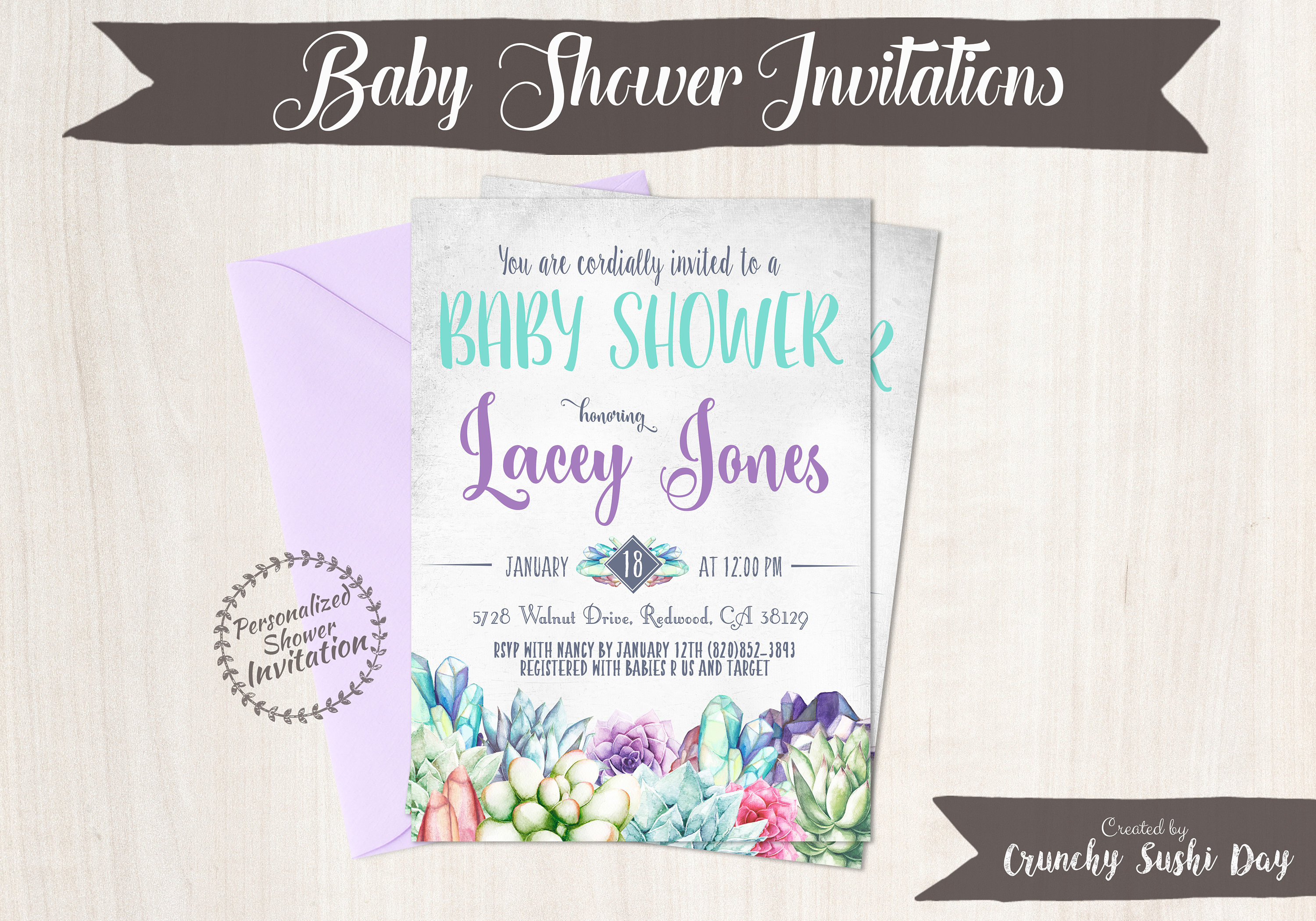 Succulent Baby Shower Invitations Succulents Cactus Pastel Baby
