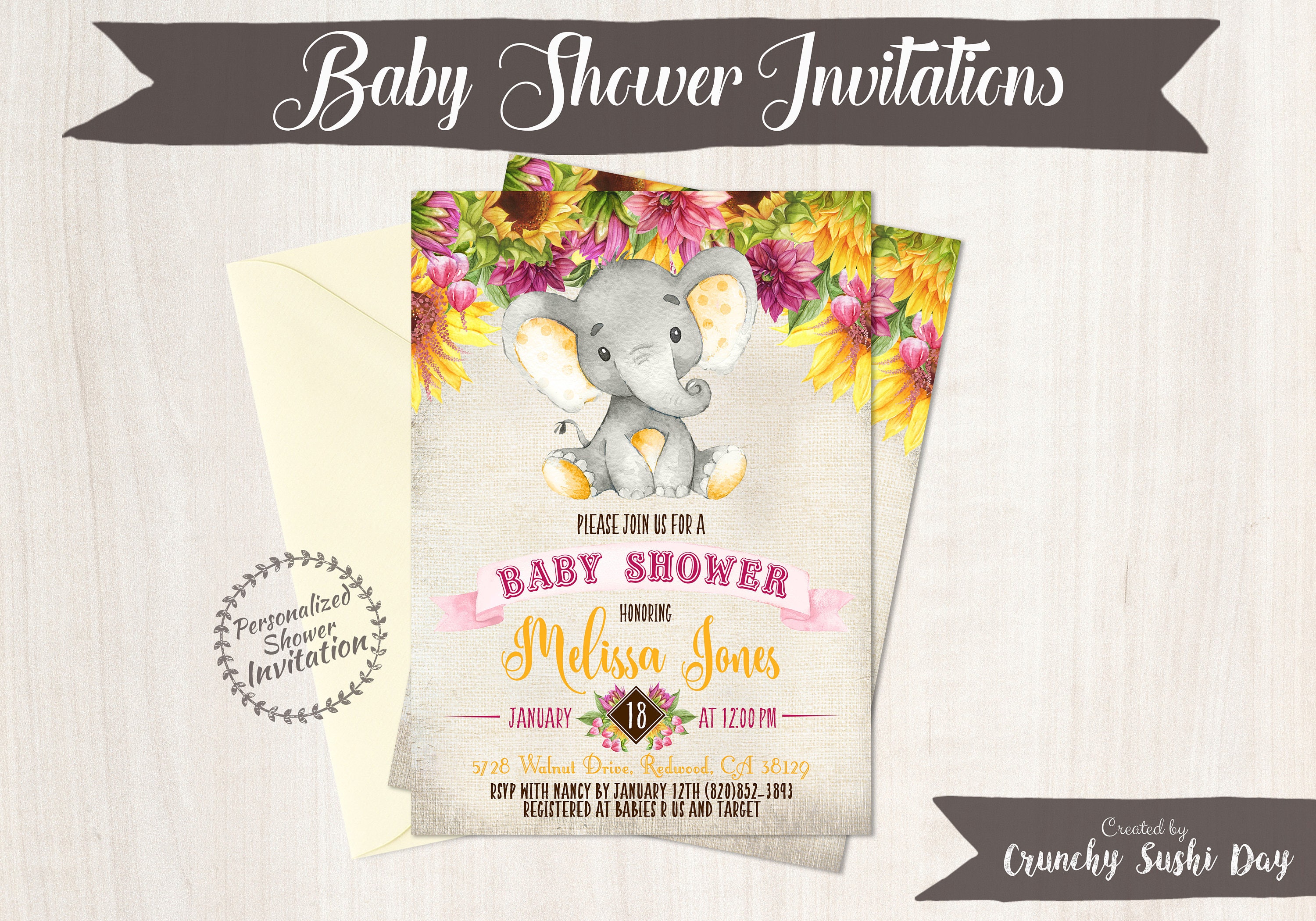 Sunflower Elephant Baby Shower Invitations Printable Etsy