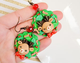Reindeer Wreath Earrings, Cute Christmas Earrings, Polymer Clay Earrings, Rudolph, Winter Wonderland, Kawaii, Earrings, Holiday, Gift Idea