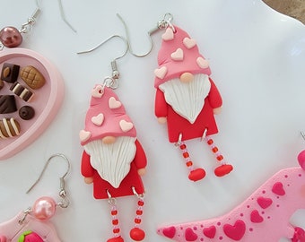 Valentine Gnome Earrings, Gnome Earrings, Polymer Clay Earrings, Heart, Valentines Day Earrings, Love, Gift Idea, Heart, Sweetheart, Gnome