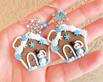 Gingerbread House Earrings, Cute Christmas Earrings, Polymer Clay Earrings, Snowman, Winter Wonderland, Kawaii, Earrings, Holiday, Gift Idea