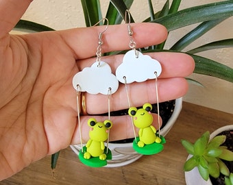 Cloud Frog Earrings, Cute Frog Earrings, Polymer Clay Earrings, Clay Earrings, Frog Jewelry, Frog Lover, Frog Earrings, Lily Pad Earrings