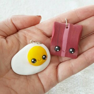 BFF Necklace Charms, Bacon and Eggs Charms, Bacon, Eggs, Polymer Clay Pendant, BFF, polymer clay, clay pendant, Kawaii, Chibi, Clay Charm