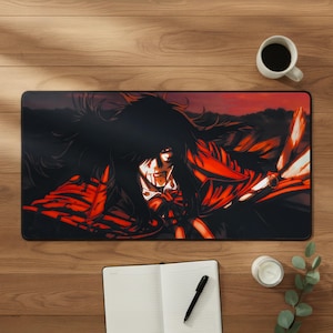 May include: A rectangular desk mat featuring a dark anime-style illustration of a character with long black hair and a red coat. The character has red markings on their face and is set against a dark, moody background with hints of red light.
