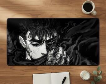 Alfombrilla de ratón Berserk, alfombrilla para ratón gaming, alfombrilla de escritorio Guts, alfombrilla de escritorio XXL, ilustración de anime del espadachín negro Guts, regalo para gamers de manga oscuro