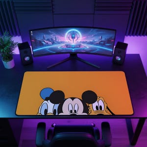 Könnte beinhalten: Eine rechteckige Schreibtischunterlage mit einfarbig orangefarbenem Hintergrund und den Zeichentrickgesichtern von Donald Duck, Mickey Mouse und Pluto entlang der Unterkante. Die Unterlage hat einen schwarzen Rand und liegt auf einem dunklen Schreibtisch.