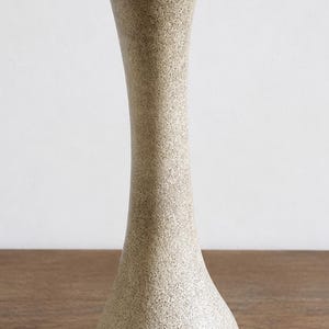 May include: A tall, slender ceramic vase with a textured, speckled beige and cream finish. The vase features a bulbous base that tapers into a long, narrow neck, ending in an angled, asymmetrical rim with a dark brown edge.