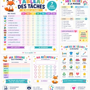 May include: A colourful chore chart set for children featuring a fox illustration, including a weekly task tracker, a household responsibility list, reward charts, and cut-out task cards with French text like Tableau des Tâches and Mes Tâches.
