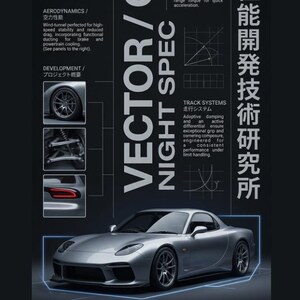 May include: A technical poster featuring a silver sports car with the text VECTOR/GT NIGHT SPEC and ENGINEERED FOR MOTION. The layout includes sections on chassis study, aerodynamics, powertrain data, and track systems with small inset images.