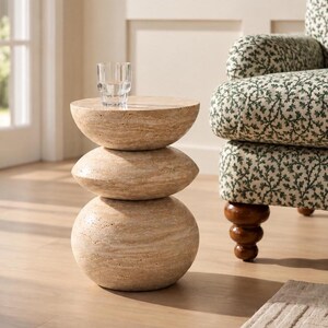 Beige Travertine Round Stacked Side Table Stone Furniture Living Room Accent Stand Decor