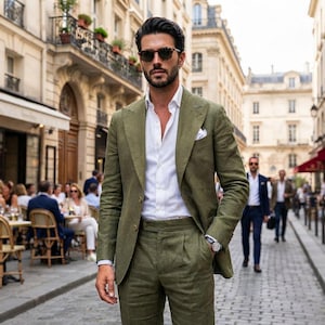 Custom Olive Green 2 Piece Linen Suit |  Summer Formal & Beach Wedding Attire |Casual Summer Suit | Boho Wedding Suit
