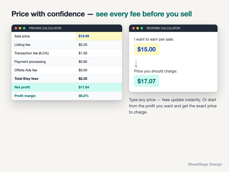 Etsy Seller Fee Calculator & Profit Dashboard 2026, Bookkeeping Spreadsheet for Etsy Shop, Google Sheets Excel Sales Tracker, Pricing Tool image 2