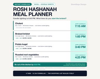 Rosh Hashanah Meal Planner Spreadsheet, Jewish Holiday & Shabbat Hosting Planner, Auto Grocery List and Cooking Timeline, Google Sheets