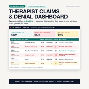 Therapist Insurance Claim Denial Tracker Spreadsheet, Private Practice A/R Aging & Appeal Deadline Dashboard, Google Sheets Excel Template image 1